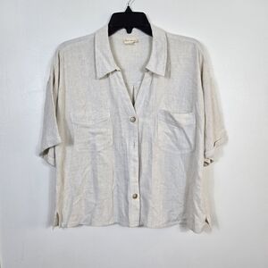 Hem & Thread Womens Natural Beige Minimalist Cropped Button Shirt Large Neutral